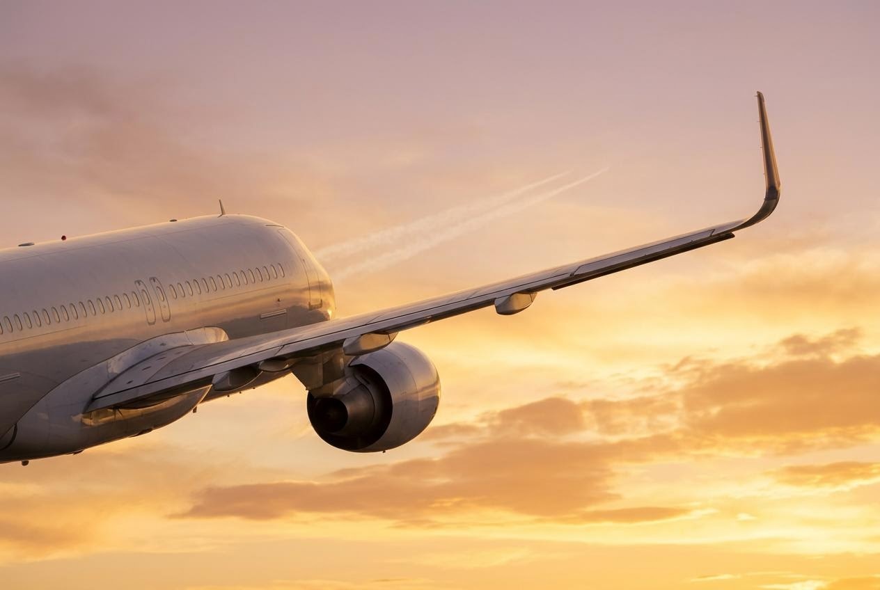 夕空を飛ぶ旅客機