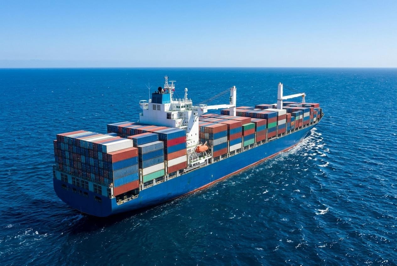 外洋を航行する大型コンテナ船